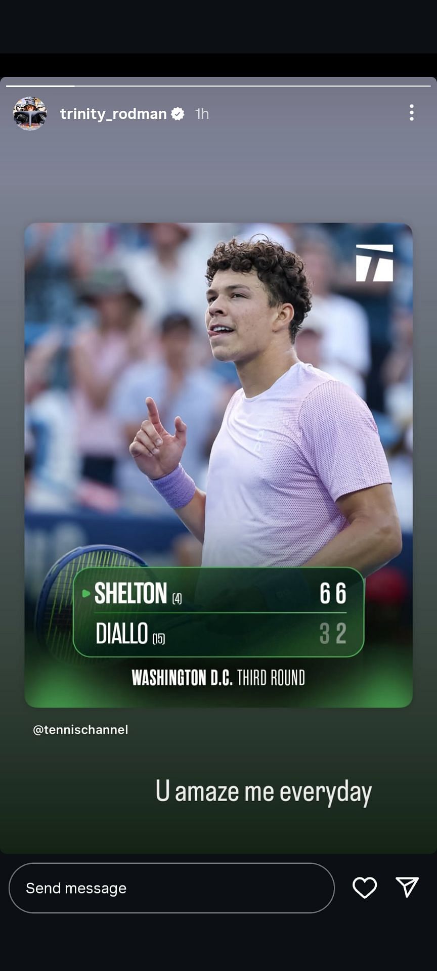 Rodman's IG Story featuring Shelton celebrating his third-round win over Diallo at the 2025 Mubadala Citi DC Open in Washington (Source: Instagram/trinity_rodman)